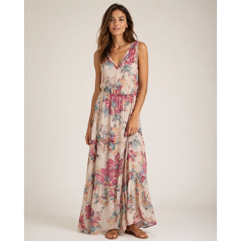 Greylin Tiered Romantic Maxi Dress Small Silk Floral Cottagecore Fairy Boho